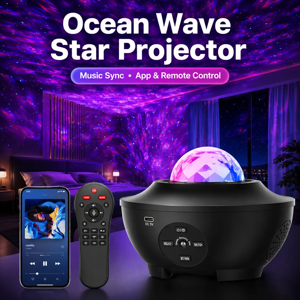 Ocean Wave Star Projector Light, 7 Color Water Ripple Night Light with Remote Control, Bluetooth Music Speaker, Galaxy Projector for Bedroom Party Room Decor Gift lamp aurora lighting, Rgb Novelty Lighting, Illuminated Novelty Lighting