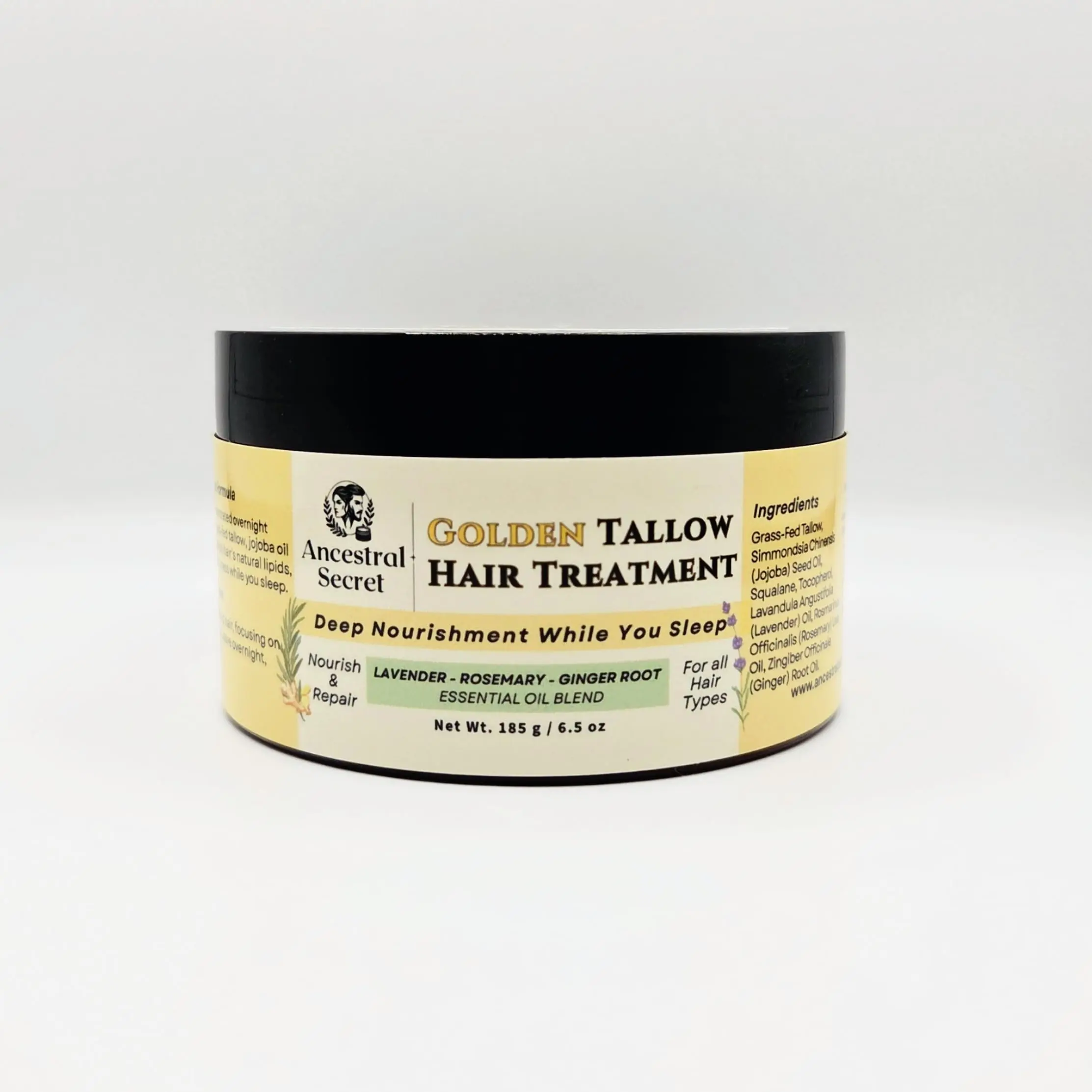 Golden Tallow Hair Treatment – Grass-Fed Tallow, Olive-Derived Squalane & Jojoba Oil Deep Mask with Lavender, Rosemary & Ginger Root – Ancestral Clean Beauty 6.5 oz