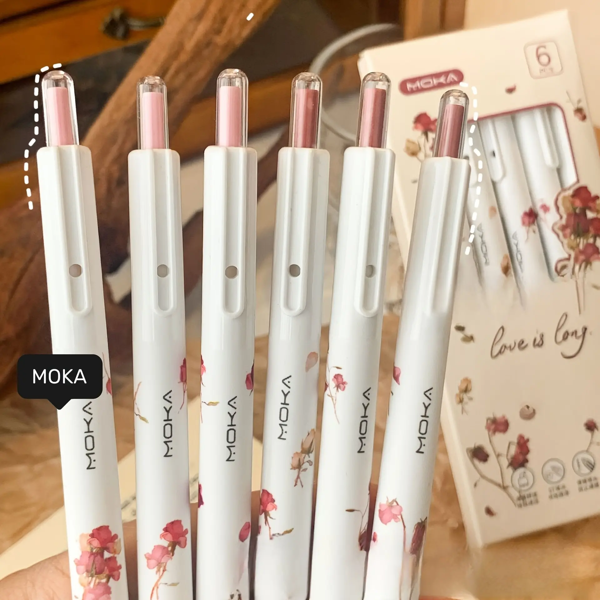 6pcs Vintage Floral Rose-Accented Retractable Ballpoint Pen Set - Writing Pens, Fine 0.5mm Point, Quick-Dry Ink, Smooth Writing Experience, Ergonomic Design, Study and Office Essentials, Beautiful Gift Idea, Stationery