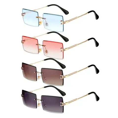 Bulk 4-Pair Men's Trendy Rectangle Sunglasses Set - Metal Rimless, Sun Protection Eyewear, Candy Colored Vintage Shades, Ideal Gifts for Girlfriend, Sisters (Birthday)