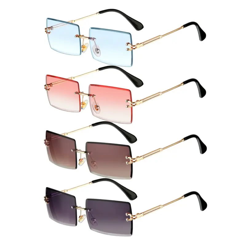 Bulk 4-Pair Men's Trendy Rectangle Sunglasses Set - Metal Rimless, Sun Protection Eyewear, Candy Colored Vintage Shades, Ideal Gifts for Girlfriend, Sisters (Birthday)