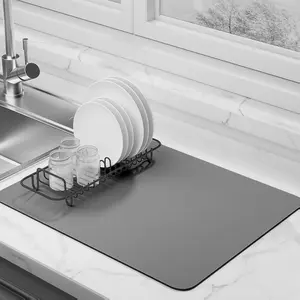Dish Drying Mat for Kitchen Counter Super Absorbent Drainer Mats with Non-slip Rubber Backed Hide Stain Heat Resistant Easy to Clean Dish Rack Mat Gray S-11"x14" Coasters Tableware