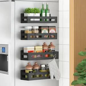 Black 4 Pack Magnetic Spice Rack for Refrigerator, Moveable Magnetic Shelf Organizer with 4 Hooks for Kitchen and Oven Organization - Decor