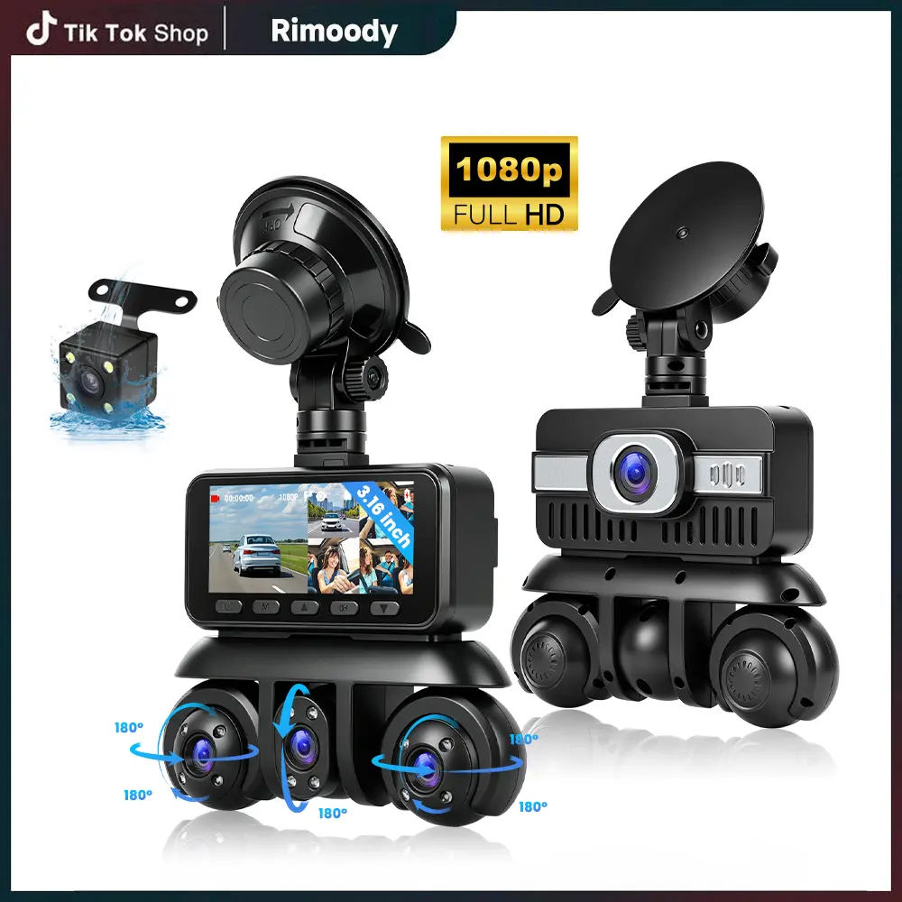 RIMOODY 5-Lens Car Dashcam, 3.16-Inch 1080P Loop Recording Car Cameras with Reversing Assistant, 24-Hour Monitoring, Easy Installation