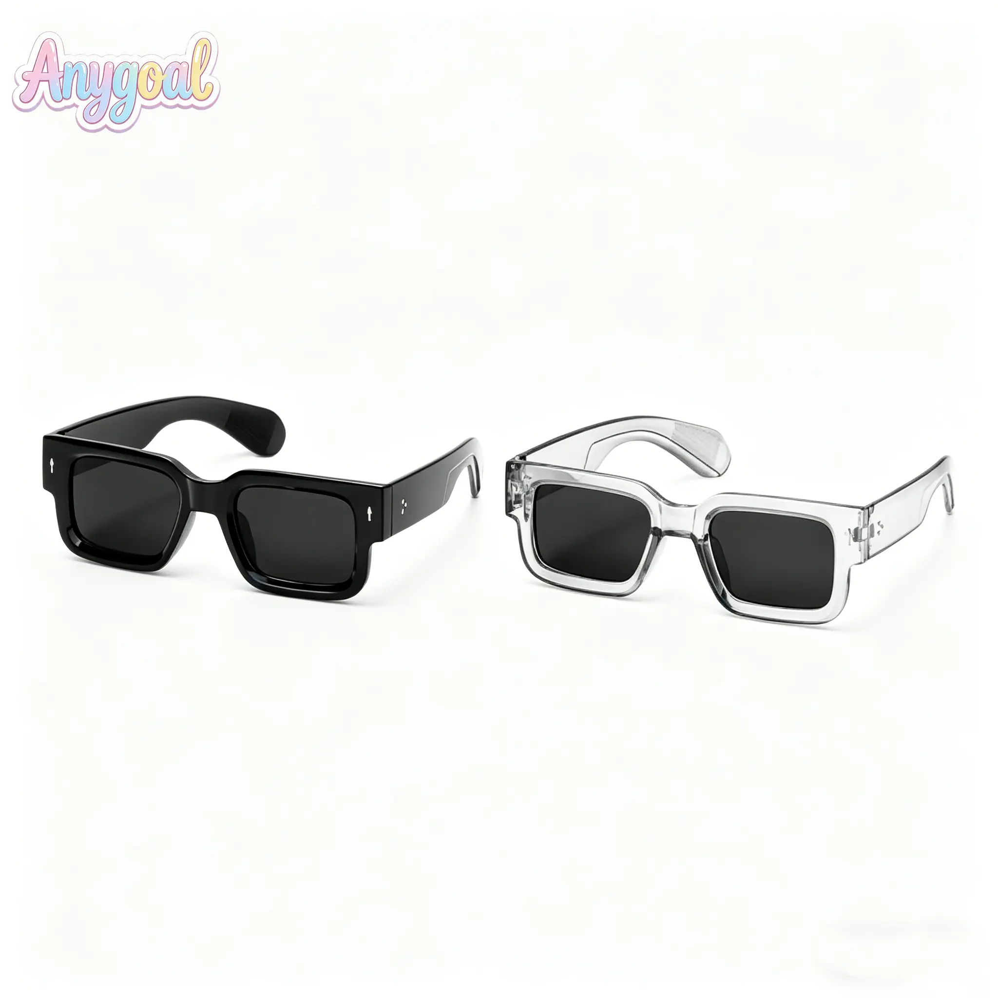 ANYGOAL 2 Packs Retro Thick Square Frame Sunglasses for Women & Men, Classic Minimalist Rectangular Design in Solid Black & Transparent Clear Styles, Dark UV Protection Lenses, Sturdy Comfortable Wide Frame, Trendy Y2K Street Fashion Shades summervibes