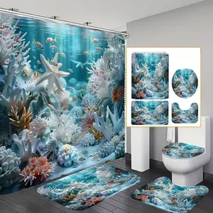 Polyester Ocean Wind Shell Starfish Printed Shower Curtain Set (1/4 Pcs, 71x71 in) - Bathroom Kit with Non-slip Floor Mat, Toilet Cover, Bath Mat, 12 Plastic Hooks for Home Decor, Shower Curtains Sets