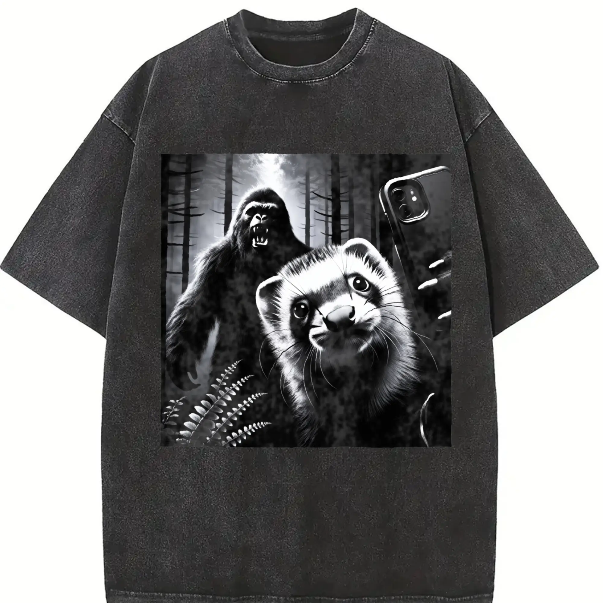 Retro Ferret Selfie With Bigfoot 90s Graphic Shirt, Vintage Funny Ferret And Yeti T-Shirt, Retro Washed Distressed Tee, Cool Teenager Gift