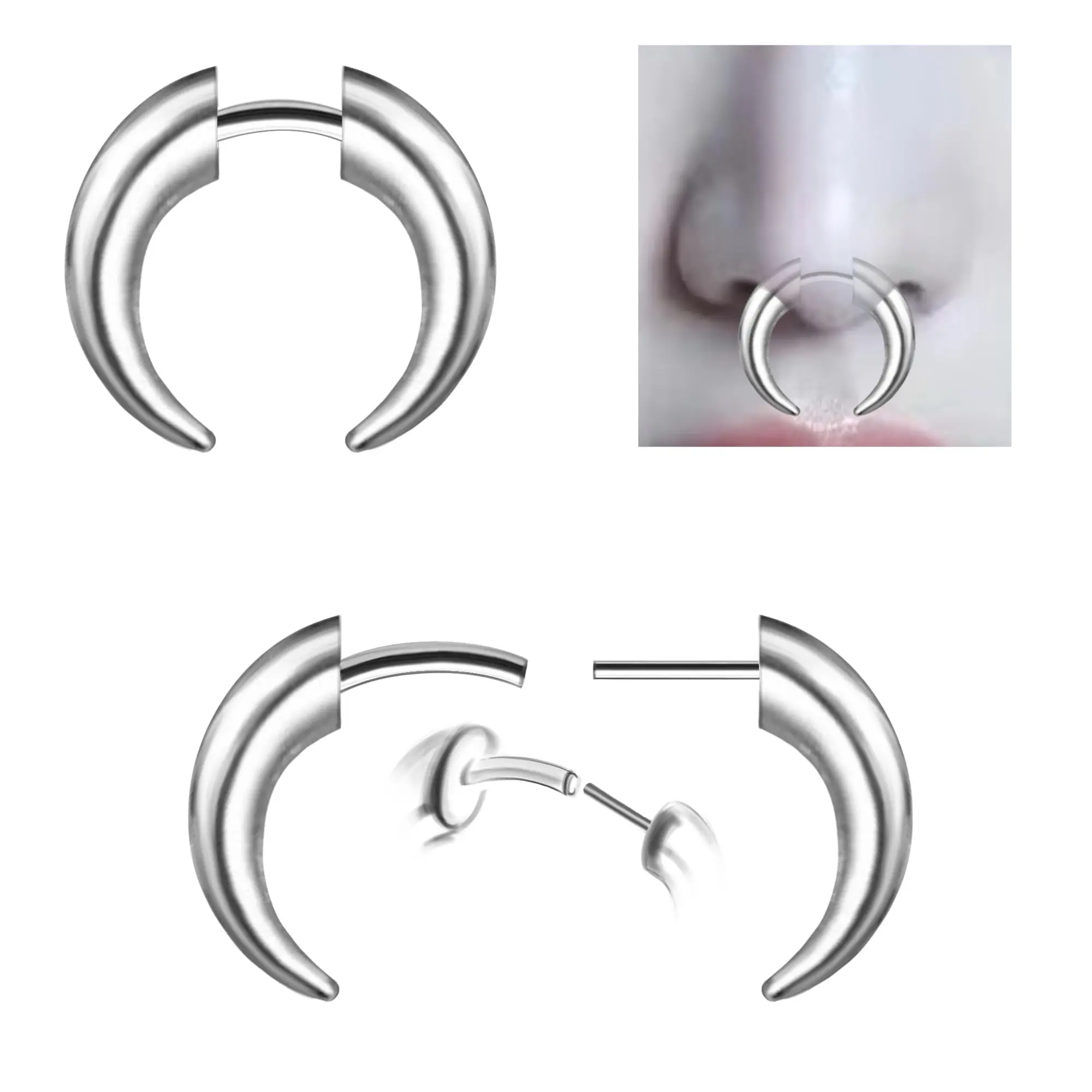 Oufer Hypoallergenic Titanium Fake Stretched Septum Ring - 16G Threadless Push Pin Pincher Horseshoe for Nose Piercing Body Jewelry, Hypoallergenic Septum Rings