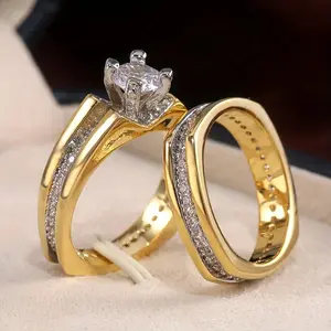 2 Pcs/set Women Rings Set Two Tone 4 Prong Inlay Zircon Wedding Rings for Women Engagement Proposal Rings Jewelry
