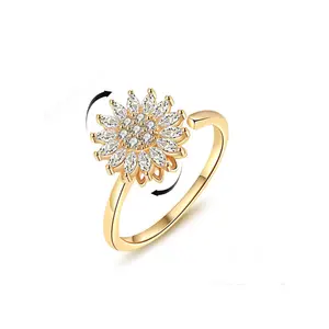 Unisex Adjustable Gold Sunflower 360° Spinner Stress Rings, CZ Anxiety Relief Jewelry, Fashion Costume Accessory Gift
