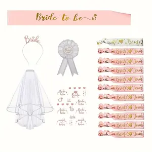 Bachelorette Party Decoration Set (16 Pieces), Includes Bridal Veil, Straps, Wristbands, Headpieces, Badges, Perfect for Single Women Parties