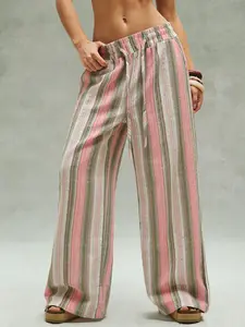 Women's Boho Style Elastic Waist Loose Striped Long Pants, Straight Leg Design for Comfort and Fashion, Ideal for Daily Wear, Boho Casual Trousers