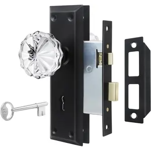 Mortise Lock Set for Interior Door,  Old Style Door Knobs with Lock and Skeleton Key,  Glass Door Knobs in Matte Black Finish