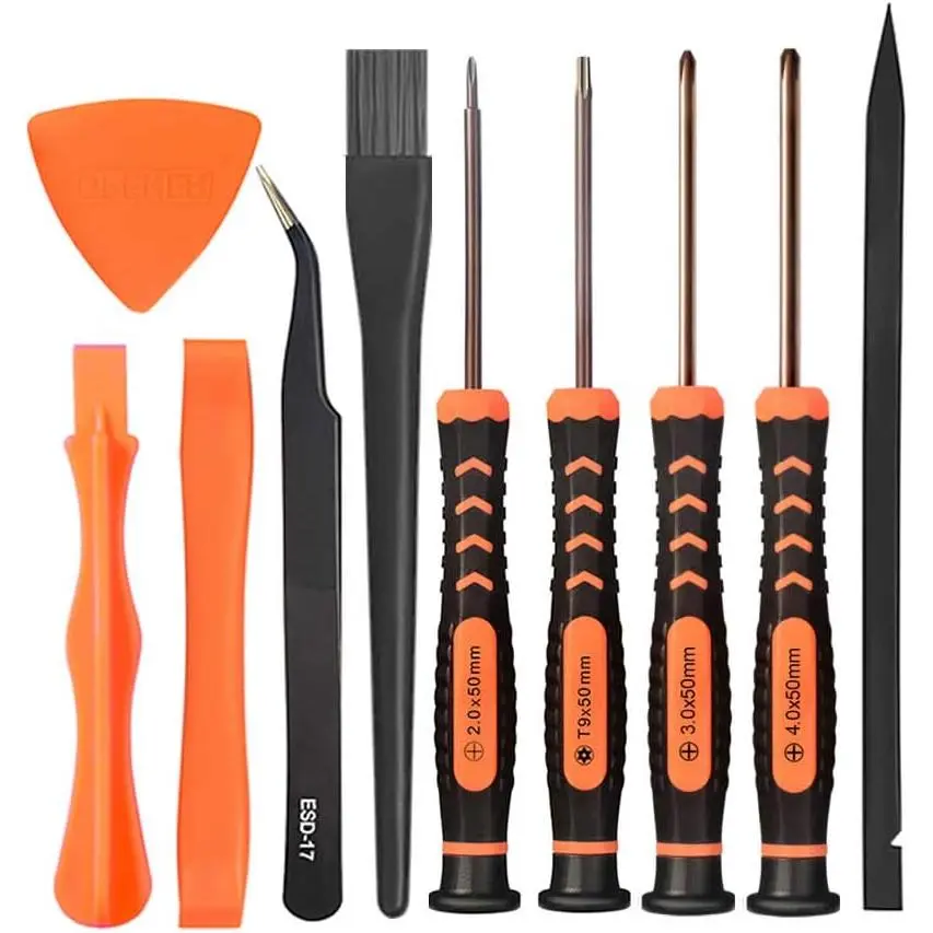 Precision Screwdriver Cleaning Repair Tool Kit with Replaceable Bits, TPR Handle, Flexible Cap, TR9 Torx Bit, Brush, Tweezer - PH00, PH0, PH1 Opening Tools for PS4/PS5 Disassembly, Dust Removal, Convenient to Use, Replaceable Screwdriver Bits, Non-Skid Fl