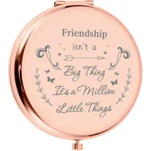 1 set Compact Mirror Gift for Friends Rose Gold Mini Mirror Makeup Pocket Travel Two-Sided Magnifying Folding for Christmas Valentines Graduation Birthday Gifts 2.6 Inch-Friendship Gold