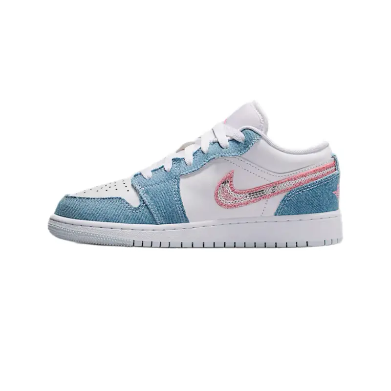 Nike Jordan 1 Low SE Denim Sequin Lace-Up Casual Lifestyle Sports Footwear, Trending Girl Nike Shoes, Youth/Women’s Daily Walking Training Sneakers, Casual Lifestyle Sneaker, Lace Up Sneaker