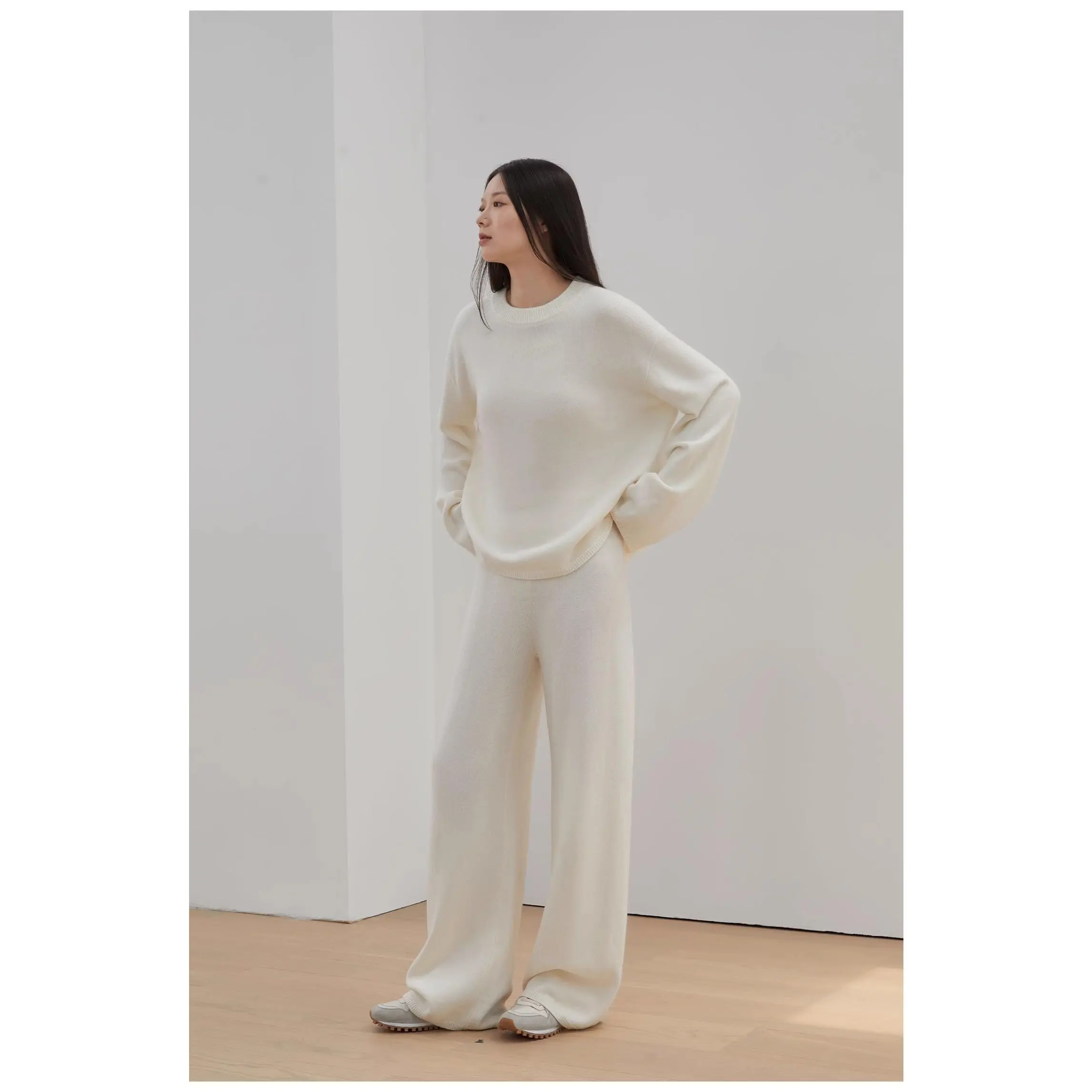 Fall Winter Merino Wool Knit Outfit - Loose-Fitting Long Sleeve Pullover & Straight-Leg Pants Set for Casual Minimalist Style Women's Clothes