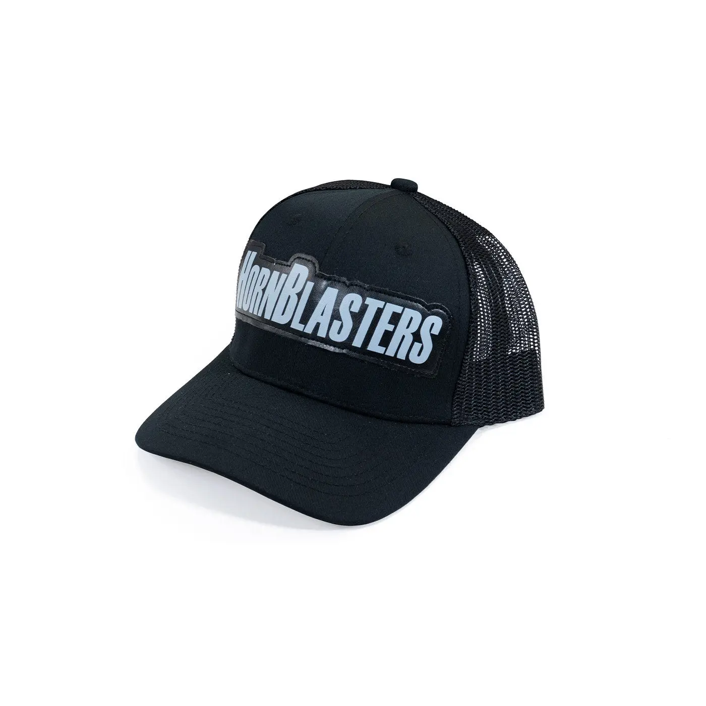 HornBlasters Patch Snapback Hat - Black Mesh with White Text, Adjustable Fit, Casual Style