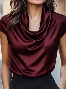 Women's Elegant Style Fitted Slimming Blouse, Comfortable Breathable Versatile Womenswear Top, Stylish Hollow Out Cowl Design, Perfect for All Seasons Shirts