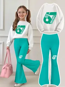 Girls' Fresh Colorblock Sweatshirt & Bell Pants Set, Mint '67' Print, Casual Fitted, All Seasons, Comfortable Breathable, Clothing Sets