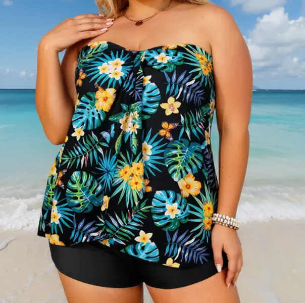 Women's Plus Size Strapless Bandeau Tankini Swimsuit Set - Twist Front Draped Detail Top, Loose Flowy Hem, Solid Split Swim Shorts, Black & Tropical Flowers Prints for Beach Days, Front Twist, Strapless Bandeau Women's Tankinis Set
