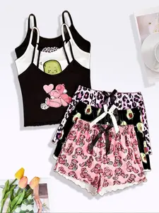 Women's 3-Piece Sleepwear Set, Leopard Print, Avocado Color, Bear Pattern, Strapless Shorts, Soft and Comfortable, Casual Home Wear