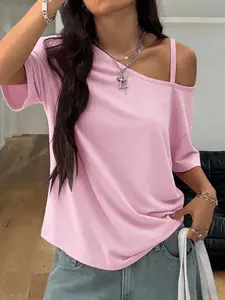 Women's Asymmetrical Off-Shoulder Top, Casual Thin Strap Short Sleeve Oversized T-Shirt, Ultra Soft Breathable Comfort Street Style, Fit