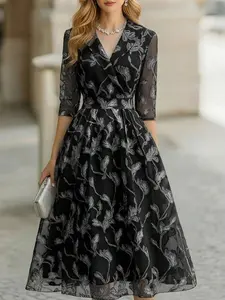 EMERY ROSE New Elegant Leaf Pattern French Style Long Formal Dress For Women, Spring/Autumn Black Dinner Dress Classy Elegant Dress Elegant Midi Dress Long Sleeve Elegant Dress Black Dress Elegant Black Embroidered Dress Midi Formal Dress Cocktail Dress E