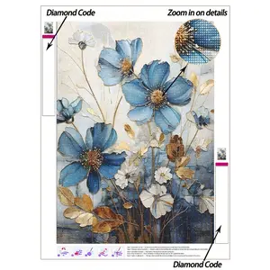 5D DIY Diamond Painting| Luxe Blue Florals With Gilded Foliage & Delicate Petal Details DIY Diamond Art Kit, Soft Neutral Backdrop With Gradient Blue & Warm Metallic Accents Canvas Wall Art Print. Home Decor Diamond Painting, Mosaic Kit