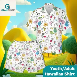 Fairytale Magic Cartoon Hawaiian Shirt Shorts Set Men Women Enchanted Rose Teapot Frog Doodle Print Loose Comfy Beach Summer Vacation Casual Matching Outfit