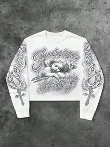 1Pcs Unisex Design White Long Sleeve Airbrush Angel Graphic Casual Sporty Sweatshirt | Y2K Eternity Script Cropped Pullover | Gothic Symbolism Artistry Streetwear Top