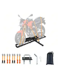 Motorcycle Hitch Carrier With Ramp 500LBS,Heavy Duty Steel Dirt Bike Hauler Hitch Mount Rack With Straps&Hitch Tightener, 2" Receiver,Motorcycle Rack For Bicycle,Dirt Bike,Motorbike,Scooter,E-Bike,Hitch Receiver For Tires Up To 5.5"W,