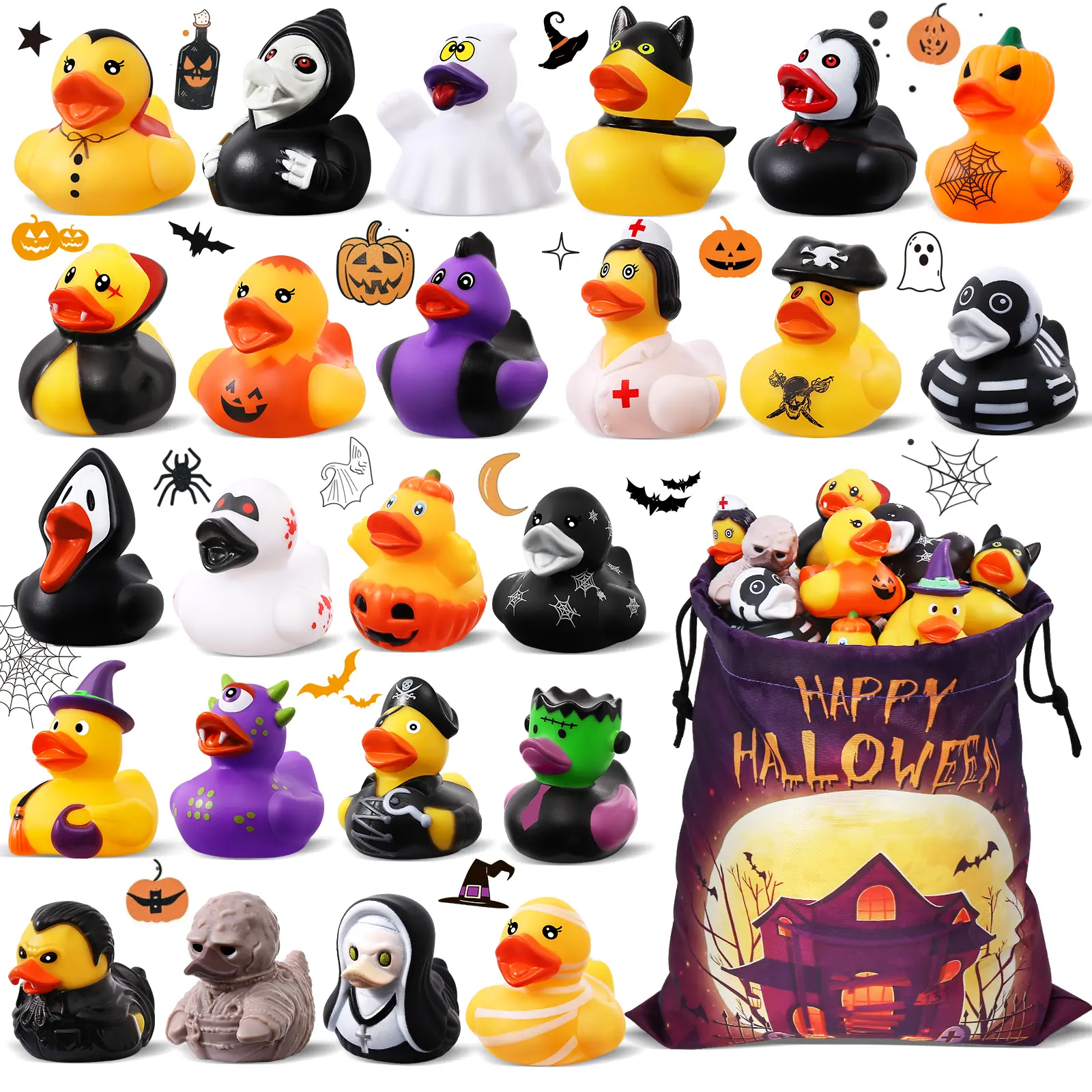 24-Pack Halloween Rubber Ducks with Storage Bag - Animal & Nature Themed Rubber Duck Element Collectibles, Bath Toys for 3 & Above Infants/Kids, Halloween Party Favors & Jeep Decor