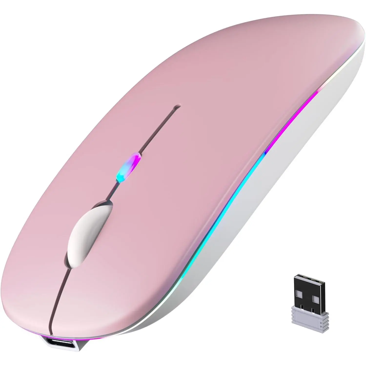 Rechargeable Bluetooth Wireless Connected Mouse - Silent, Ultra-Thin, Lithium Ion, 5.2&2.4GHz USB Receiver, Dual-Mode, Driver-Free, Portable, Colorful LED Lights, Multi-OS Compatible for Laptop/Tablet (Works with Android, Windows)