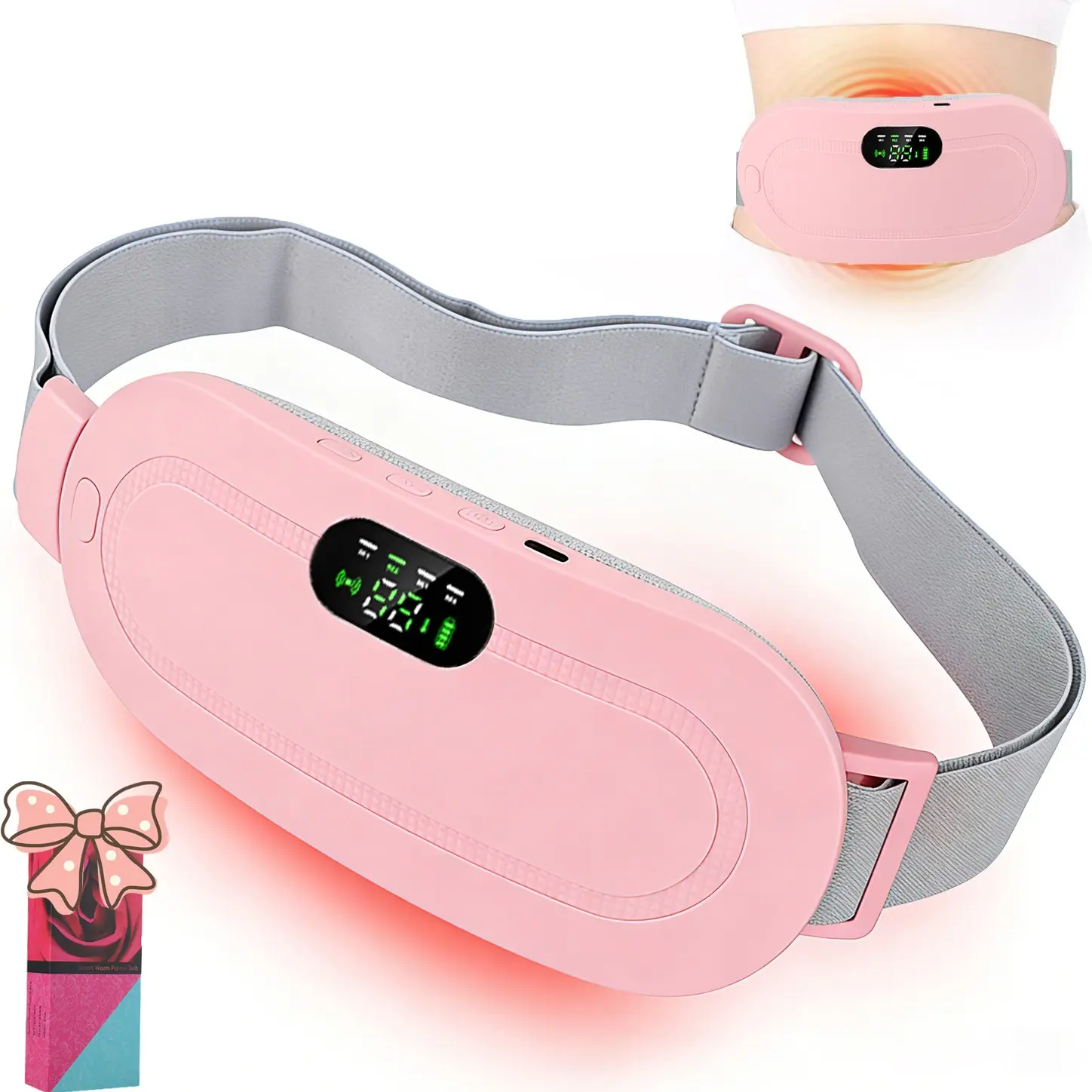 Portable Heating Pad for Period Cramps, Cordless Menstrual Heating Belt with 3 Heat Levels & 4 Vibration Modes, Electric Heated Belly Wrap Belt Lumbar Heating Waist Lower Back Massager for Women Girl Gift