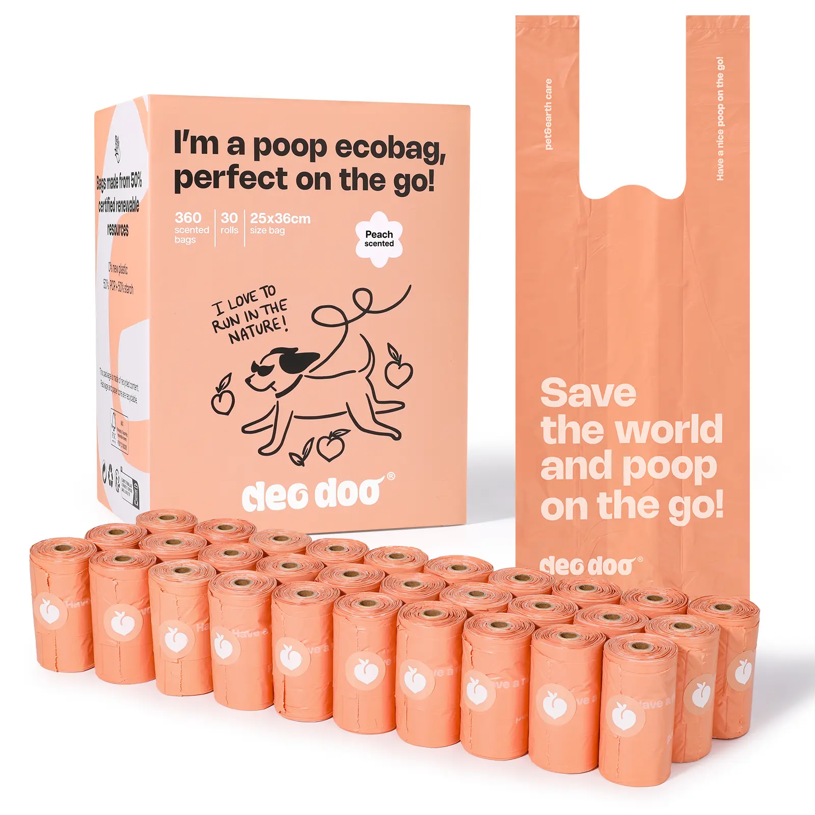 Peach-Scented Dog Poop Bags with Handles, 30-Roll Multi-Pack (360 Counts), Big-Size 50% Recycled Corn Starch Earth-Friendly Leak-Proof Extra-Thick Waste Refill Rolls for Walking Dogs