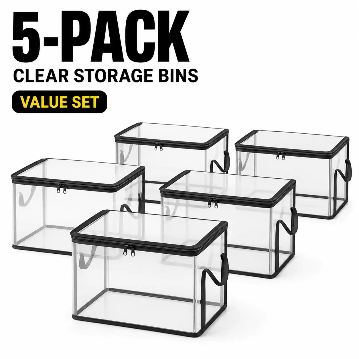 5-Pack Clear Foldable Storage Bins with Zipper Lids, Carry Handles, Stackable Multi-Purpose Home Closet Organizers