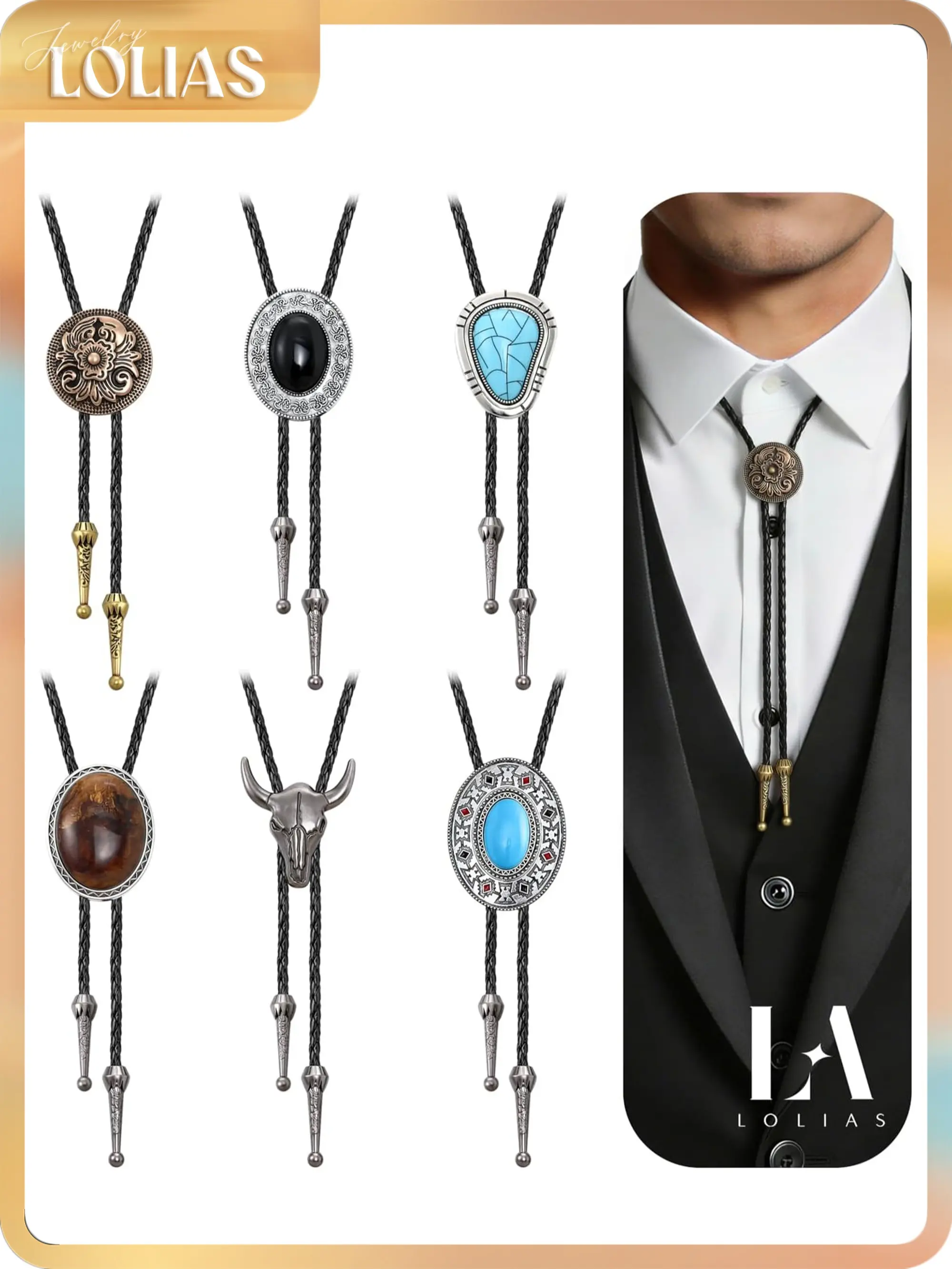 LOLIAS 6Pcs Handmade Bolo Ties for Men - Vintage Western Cowboy PU Leather Neckties with Natural Tiger Eye Stone, Boho Casual Tie, Fashion Engagement Accessories, Boho Fashion Tie, Christmas