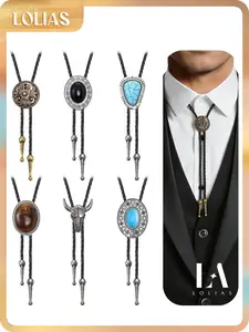 LOLIAS 6Pcs Handmade Craftsmanship Bolo Ties for Male - Vintage Appeal Western Cowboy PU Leather Neckties with Natural Tiger Eye Stone Fashion Accessories for Engagement