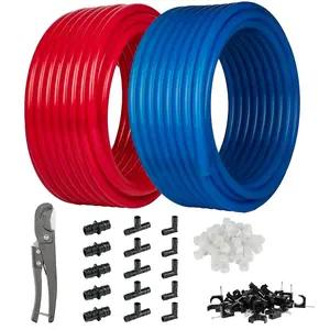 1/2" 2 x100ft, 200ft PEX-A Tubing (Blue & Red), 1/2" Poly Expansion Elbow & Tee & Coupler (15 PCS), 1/2" Expansion Rings (50 PCS), 1/2" J Clamp (50 PCS), Pipe Cutter (1/2")