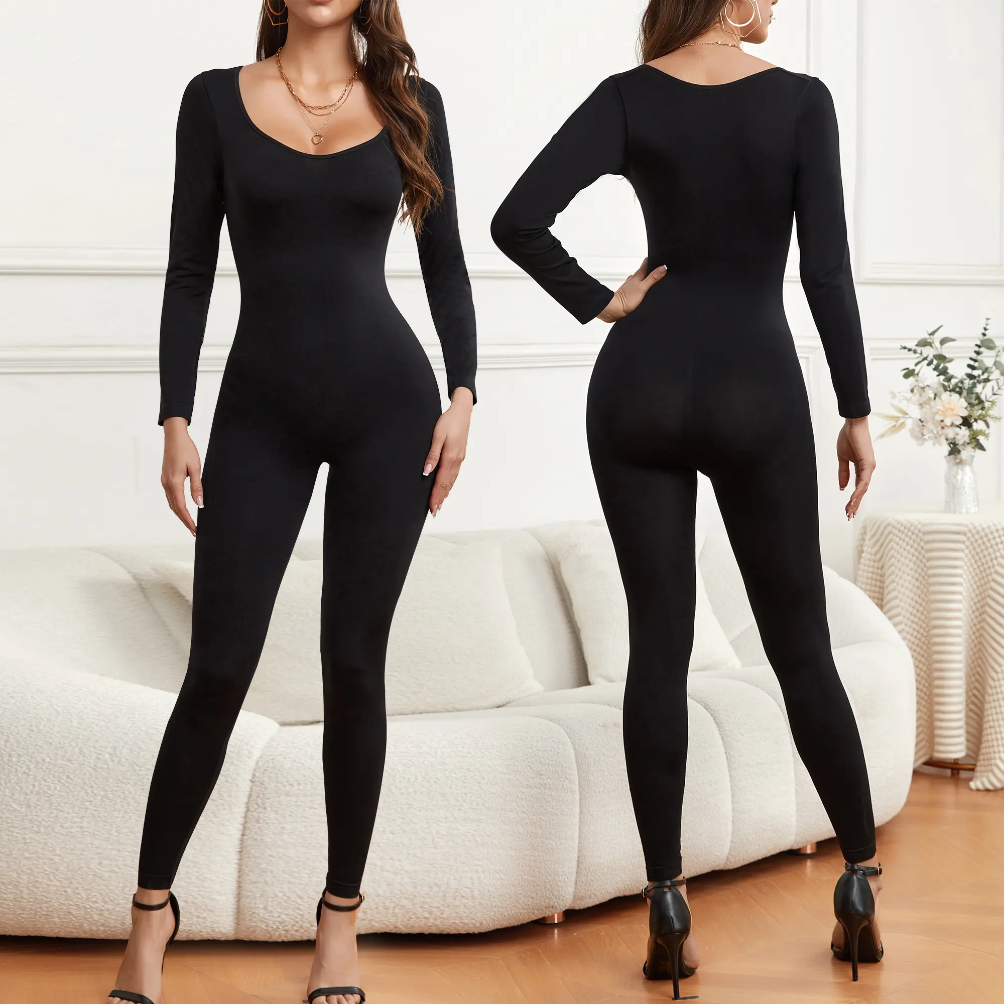 Women's Seamless Long Sleeve Thermal Compression Shapewear Bodysuit - Chunky Minimalist Chic Knitting Fabric, Smooth, Breathable, High Elasticity, Full Body Tummy Control, Butt Lift, Leg Slimming, Fit for Everyday Wear