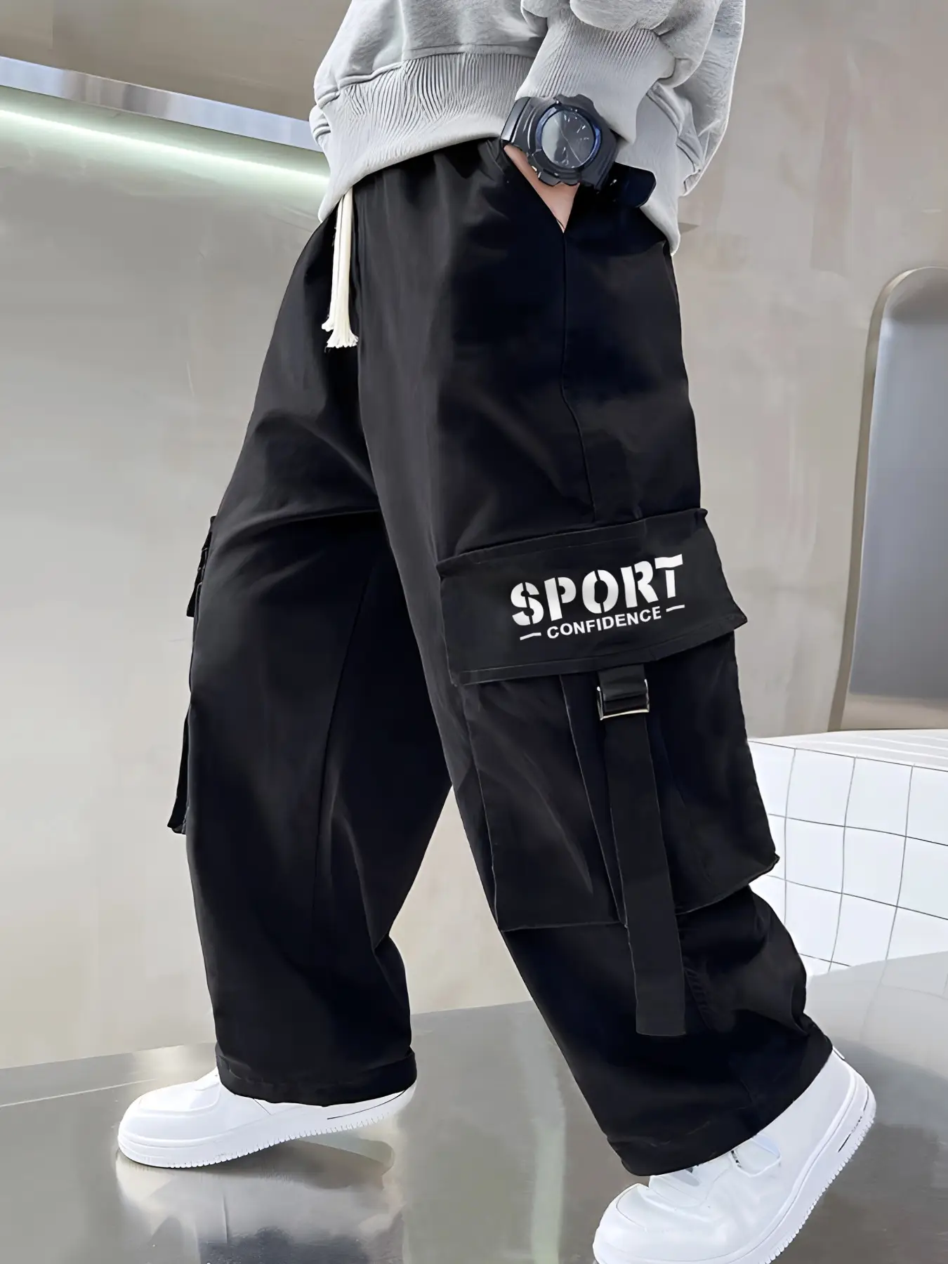 Boy's Letter Print Buckle Drawstring Cargo Pants, Casual Elastic Waist Multi-Pocket Trousers for Daily Wear, Kids Bottoms for All Seasons