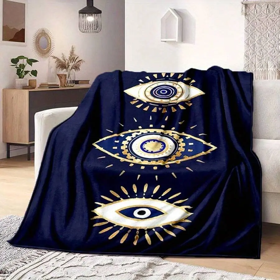 [Soft Polyester Flannel Blanket] Soft Polyester Flannel Evil Eyes Geometric Pattern Blanket - Machine Washable, 2.16 Square Meters Or Longest Side ≥ 70.87 Inches - Ideal For Sofa, Bed, Picnic, Travel, Office Nap
