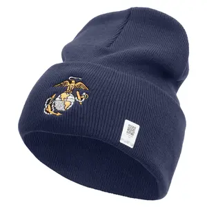 US Marine Corps Emblem Logo Embroidered 12 Inch Solid Knit Cuff Long Beanie Made in USA