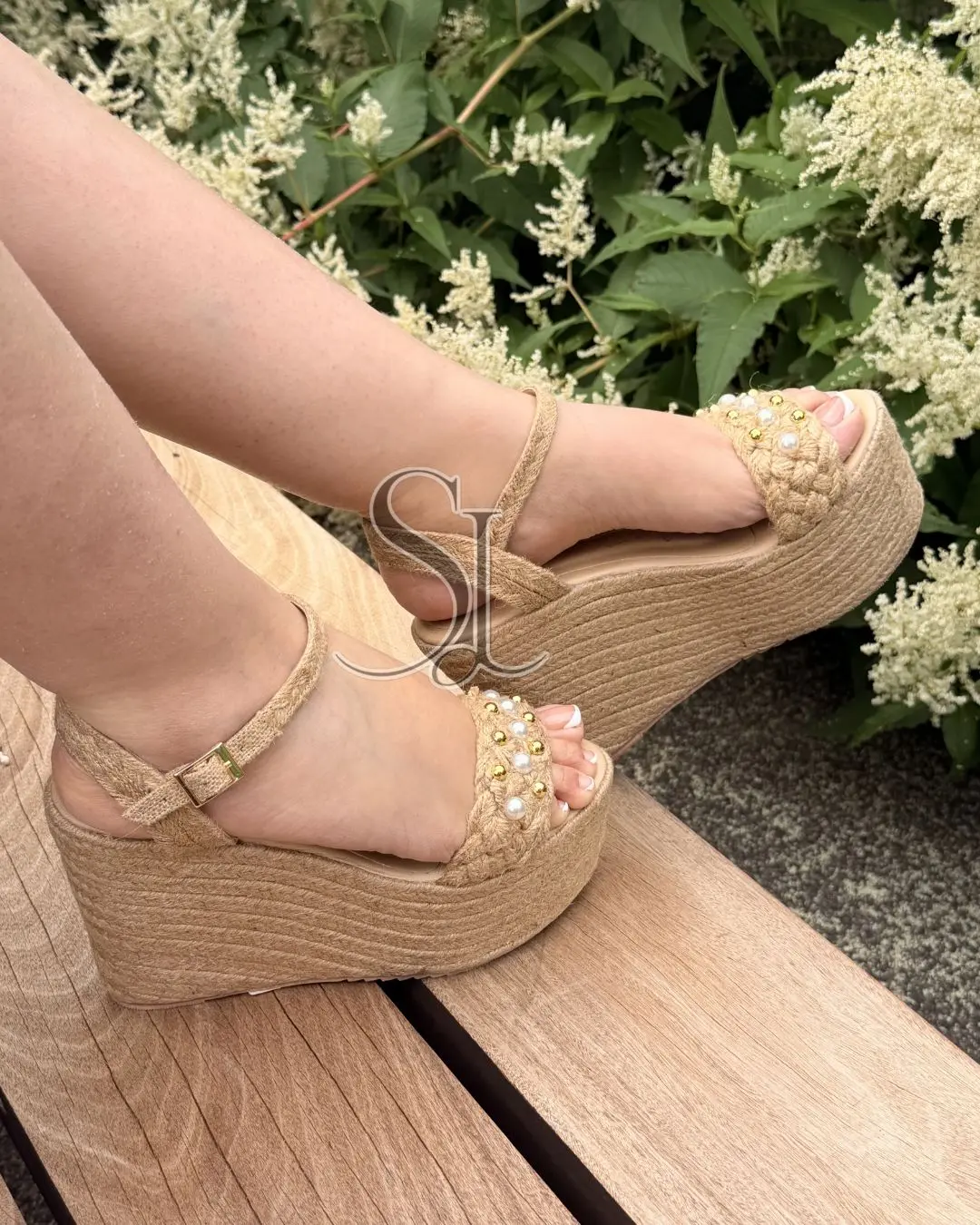 GALENA Sandal  ,12cm high, Braided fiber and strap with adjustable buckle -Beige