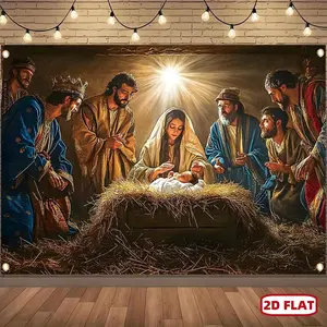 1pc 2D Flat Merry Christmas Decoration Banner, Polyester Hangable, Jesus Manger Nativity Scene Pattern, Suitable for Winter New Year Party Home Wall Decor, Studio Photo Booth Photography Backdrop Fabric Ornaments Hanging