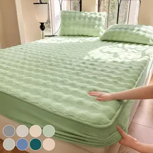 Luxury Faux Rabbit Fur Fitted Sheet Set, Ultra Soft Warm Solid Color Bedding, 3-Piece Bed Sheet Set with 1 Fitted Sheet & 1/2 Pillowcases, All Season Cozy Bedroom Dorm Sofa Décor, Perfect Christmas Gift, Bed Sheets Set