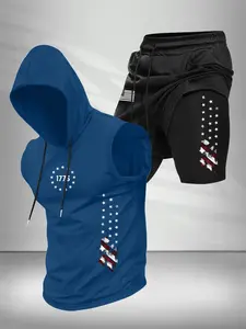 Men's Summer Casual Set, Patriotic Flag Print Design, Includes Hooded Tank Top, Short Sleeve T-Shirt, Sporty Basketball Shorts, Sportswear Set