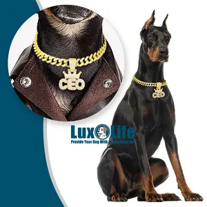 Gold Dog Chain Collar Necklace with diamond pendant "CEO" letter Wearing a crown,Diamond Cuban Link Dog Collar 13mm Wide Dog Necklace Metal Cat Chain Pet Crystal Collar Jewelry Accessories for Small Medium Large Dogs Cats