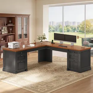Sedeta 67-Inch American-Style L-Shaped Workstation Home Office Desk - Sturdy Frame Furniture with 4 File Drawers, Wooden Storage Cabinet, Power Strip, Gaming Desk Compatibility